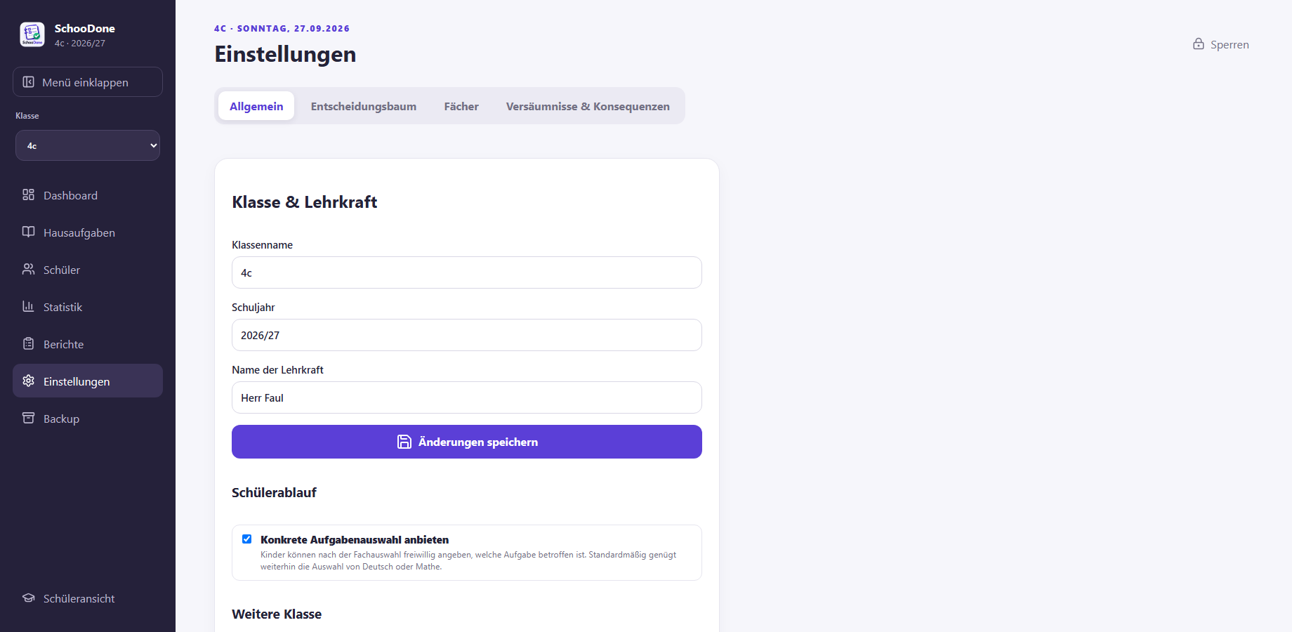 SchooDone Einstellungen mit mehreren Bereichen